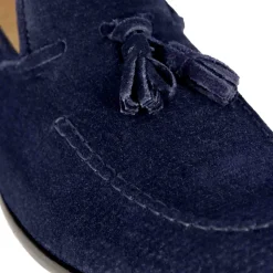 Mocassino In Pelle Scamosciata Fatto A Mano Con Nappine Colore Blu