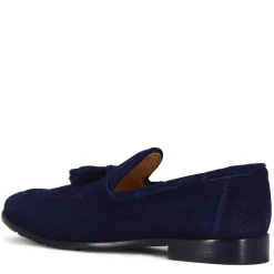 Mocassino In Pelle Scamosciata Fatto A Mano Con Nappine Colore Blu