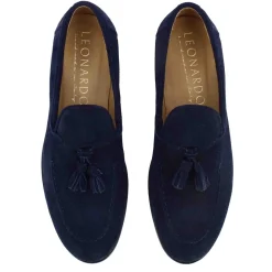 Mocassino In Pelle Scamosciata Fatto A Mano Con Nappine Colore Blu