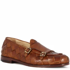 Mocassino Marrone Con Dobbia Fibbia Dorata Da Uomo In Pelle Intrecciata