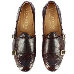 Mocassino Marrone Scuro Con Doppia Fibbia Dorata Da Uomo In Pelle Intrecciata