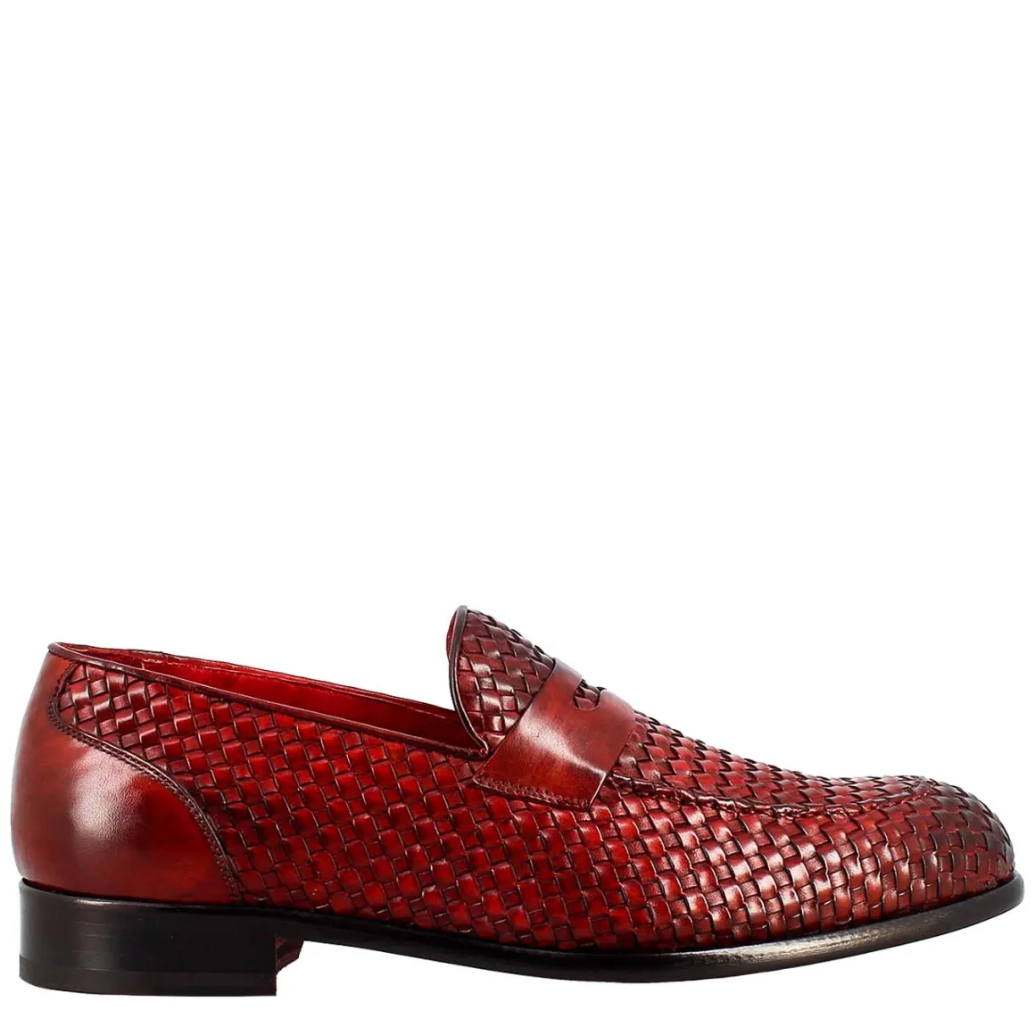 Mocassino Rosso Elegante Da Uomo In Pelle Fiore Intrecciata