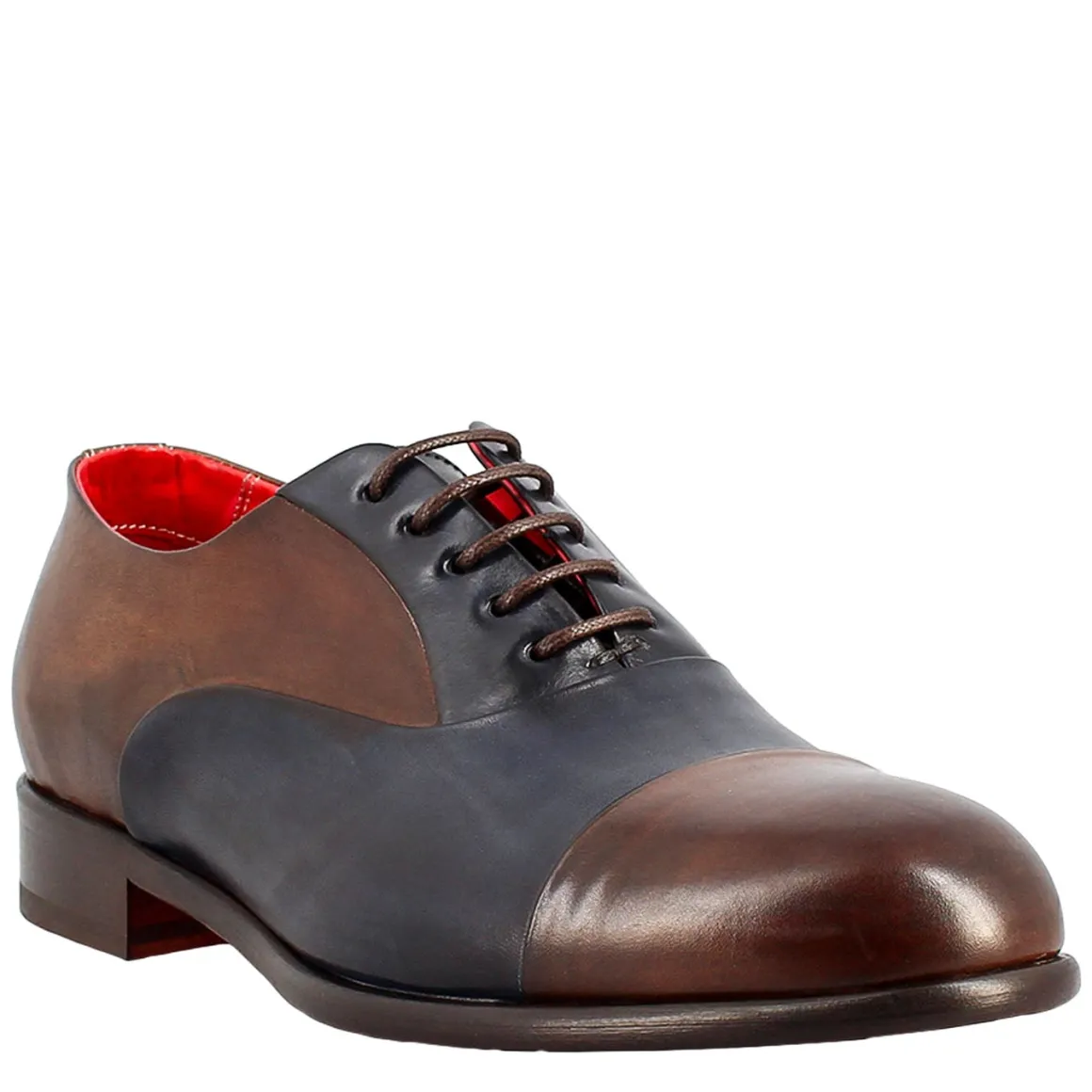 Oxford Marrone Scuro E Blu Elegante Da Uomo In Pelle E Fodera Rossa