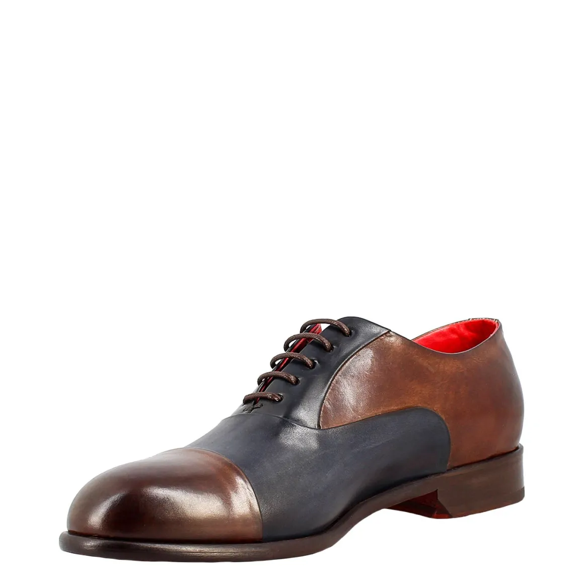 Oxford Marrone Scuro E Blu Elegante Da Uomo In Pelle E Fodera Rossa
