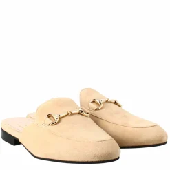 Sabot Da Donna In Pelle Scamosciata Beige Con Fibbia Oro