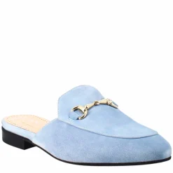 Sabot Da Donna In Pelle Scamosciata Celeste Con Fibbia Oro