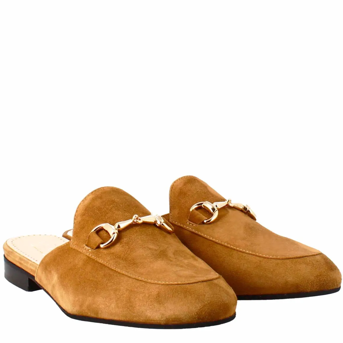 Sabot Da Donna In Pelle Scamosciata Marrone Chiaro Con Fibbia Oro