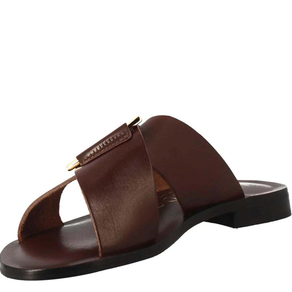 Sandali Bassi Ciabatta Da Donna Fatti A Mano In Pelle Color Cuoio Con Fibbia Dorata
