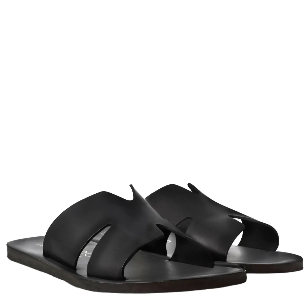 Sandali Uomo A H In Pelle Colore Nero Fatti A Mano