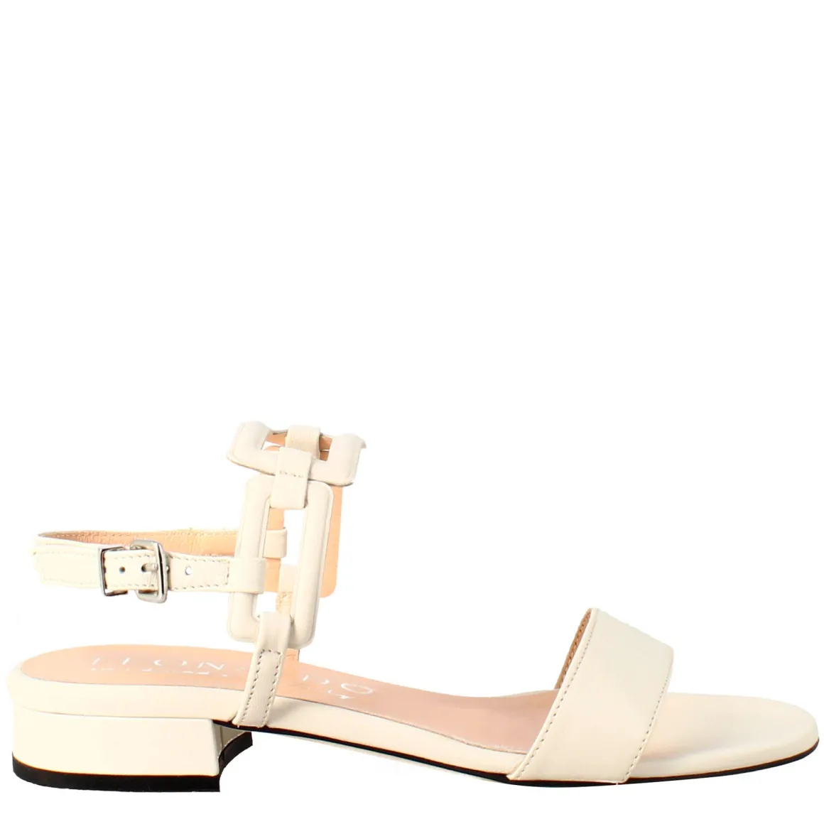 Sandalo Aperto Da Donna Con Tacco Basso In Pelle Colore Crema