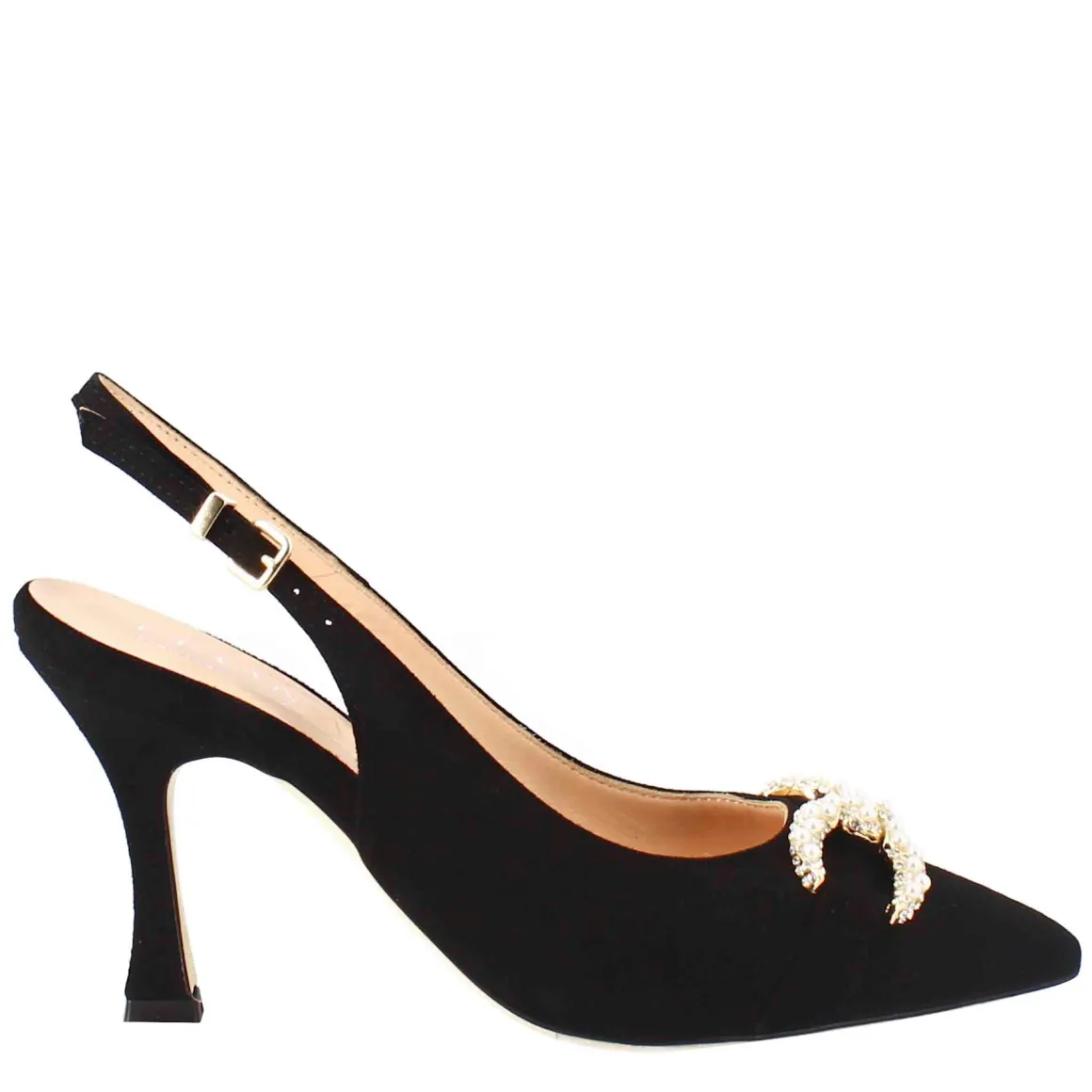 Sandalo Da Donna A Forma In Pelle Scamosciata Colore Nero Con Glitter Applicati