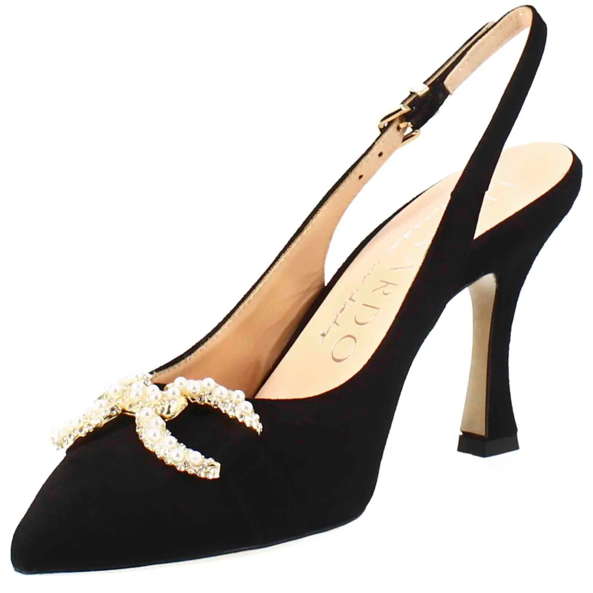 Sandalo Da Donna A Forma In Pelle Scamosciata Colore Nero Con Glitter Applicati