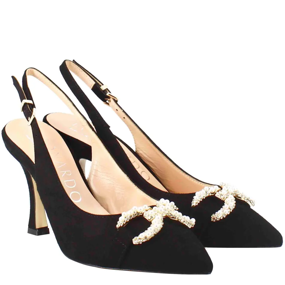 Sandalo Da Donna A Forma In Pelle Scamosciata Colore Nero Con Glitter Applicati