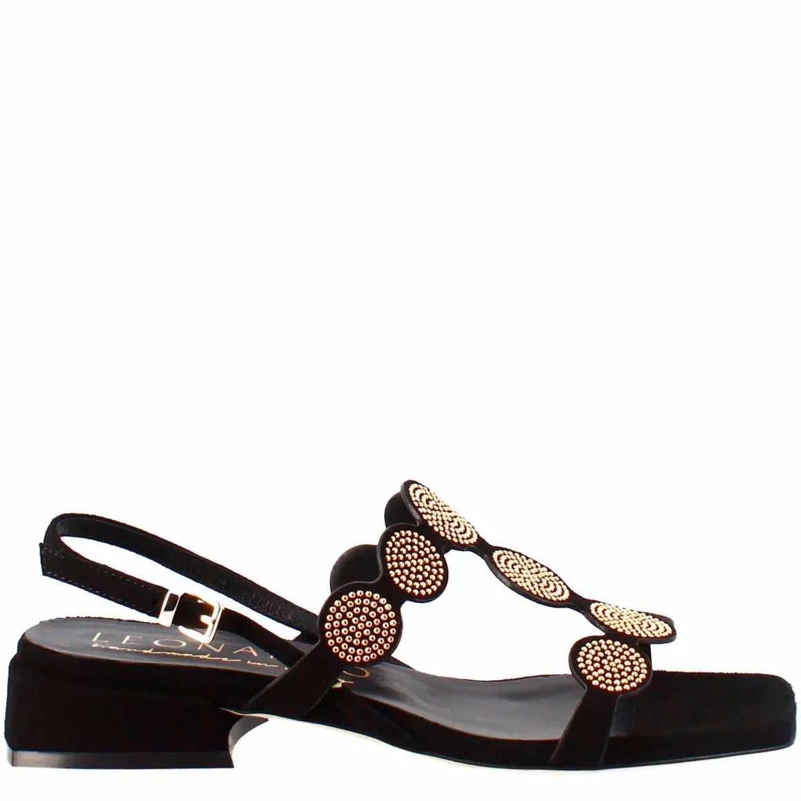 Sandalo Da Donna A Forma Squadrata In Pelle Scamosciata Nero Con Glitter
