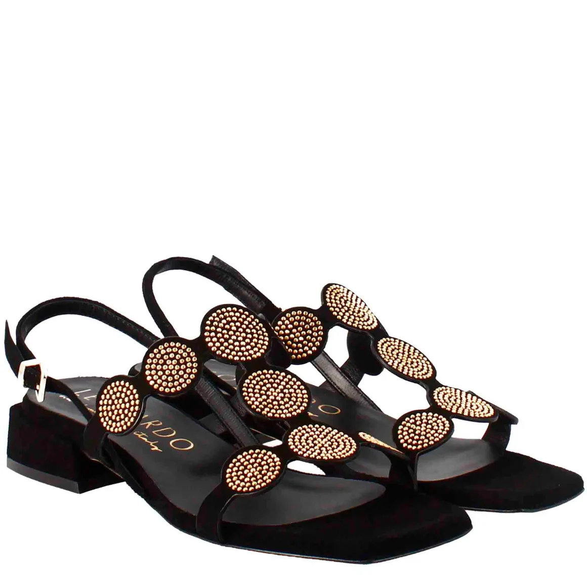 Sandalo Da Donna A Forma Squadrata In Pelle Scamosciata Nero Con Glitter