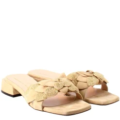 Sandalo Da Donna A Forma Squadrata In Pelle Scamosciata Beige Con Glitter