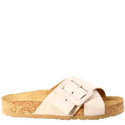 Sandalo Doppia Fascia E Fibbia Da Donna In Pelle Scamosciata Beige
