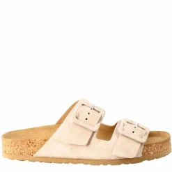 Sandalo Doppia Fibbia Da Donna In Pelle Scamosciata Beige