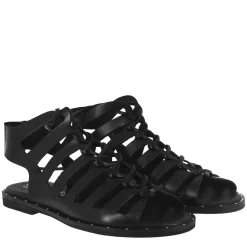Sandalo Gladiatore Da Donna Con Lacci Fatti A Mano In Pelle Nero