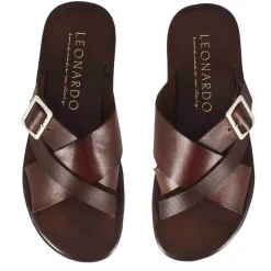 Sandalo Slider A Due Fasce Con Fibbia Da Uomo In Pelle Colore Marrone