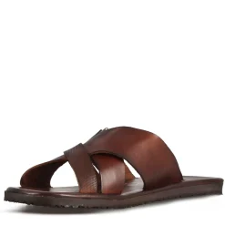 Sandalo Slider A Due Fasce Con Fibbia Da Uomo In Pelle Colore Marrone