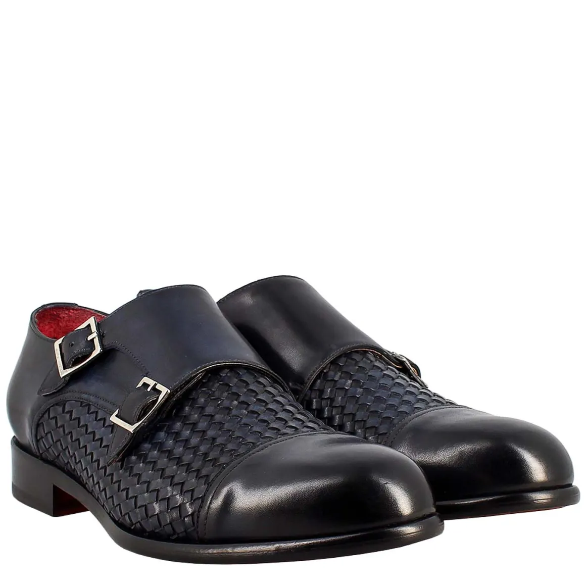 Scarpa Doppia Fibbia Da Uomo In Pelle Intrecciata Blu