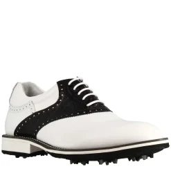Scarpa Golf Artigianale Da Donna In Pelle Colore Bianco Con Dettagli In Pelle Colore Nero