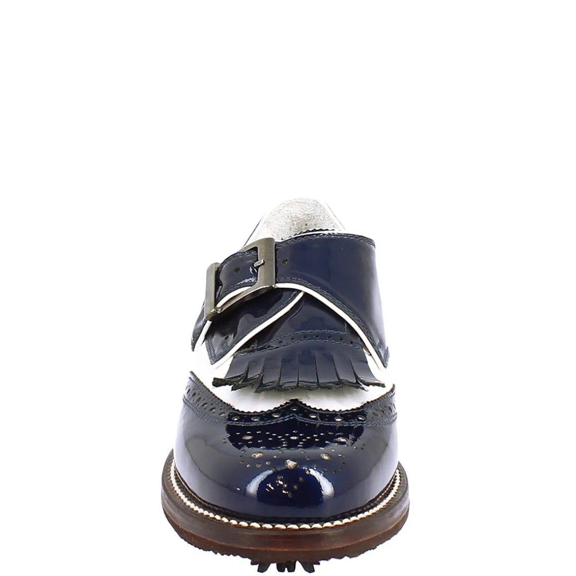 Scarpe Con Fibbia Da Golf Uomo In Pelle Bianca E Vernice Blu