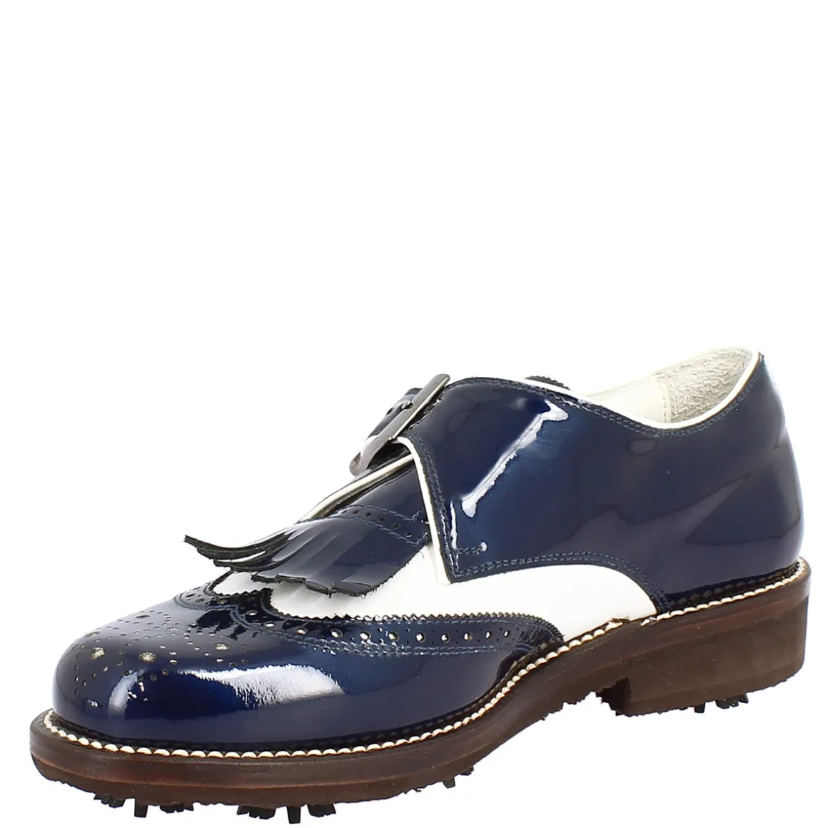 Scarpe Con Fibbia Da Golf Uomo In Pelle Bianca E Vernice Blu