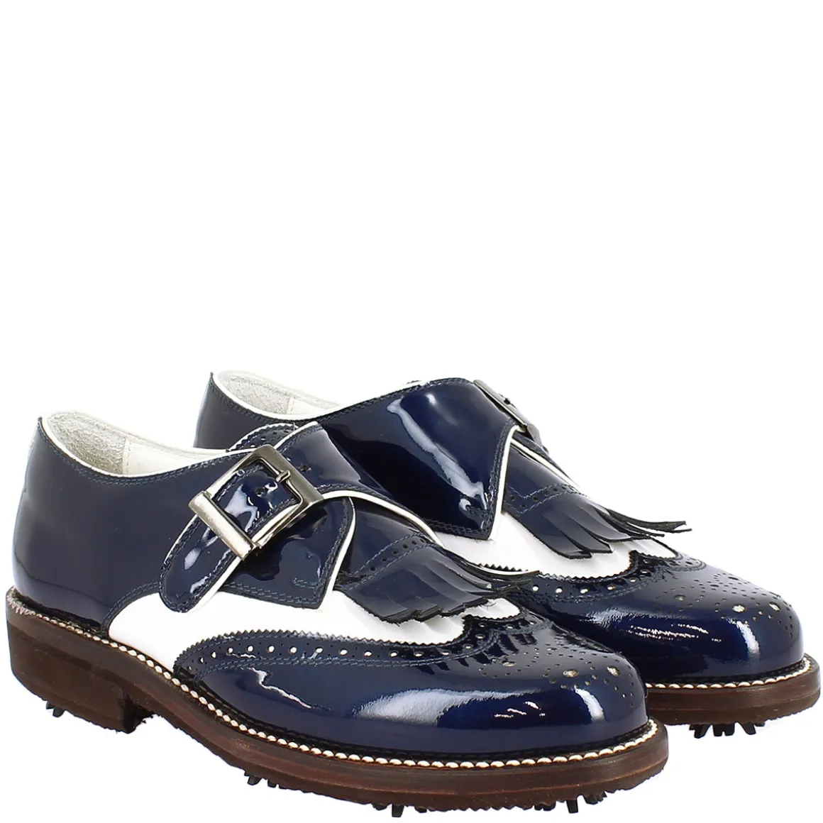 Scarpe Con Fibbia Da Golf Uomo In Pelle Bianca E Vernice Blu