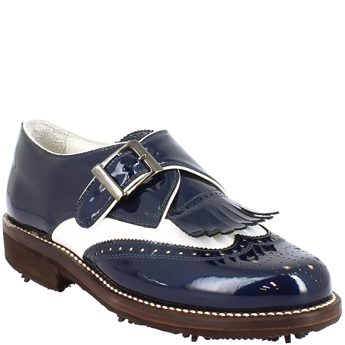 Scarpe Con Fibbia Da Golf Donna In Pelle Bianca E Vernice Blu