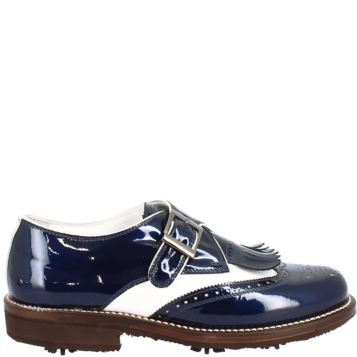 Scarpe Con Fibbia Da Golf Donna In Pelle Bianca E Vernice Blu