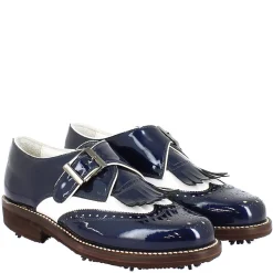 Scarpe Con Fibbia Da Golf Donna In Pelle Bianca E Vernice Blu