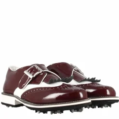 Scarpe Con Fibbia Da Golf Uomo In Pelle Bianca E Vernice Bordeaux
