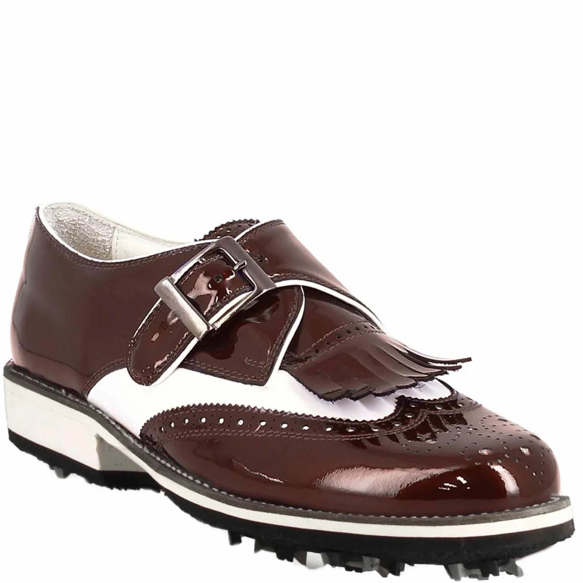 Scarpe Con Fibbia Da Golf Donna In Pelle Bianca E Vernice Bordeaux