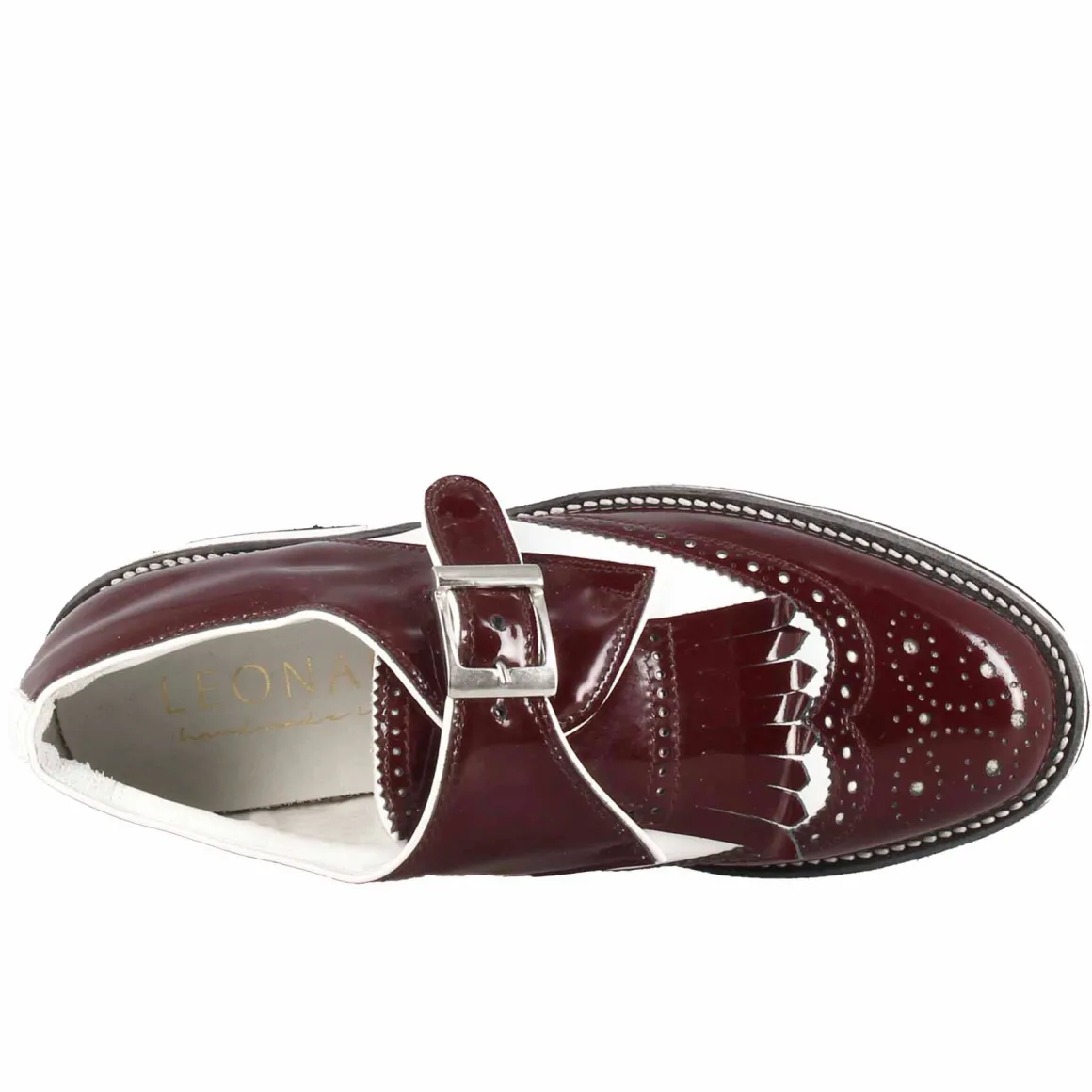 Scarpe Con Fibbia Da Golf Donna In Pelle Bianca E Vernice Bordeaux
