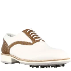 Scarpe Da Golf Artigianali Da Uomo In Pelle Bianca Con Dettagli In Colore Marrone Chiaro.