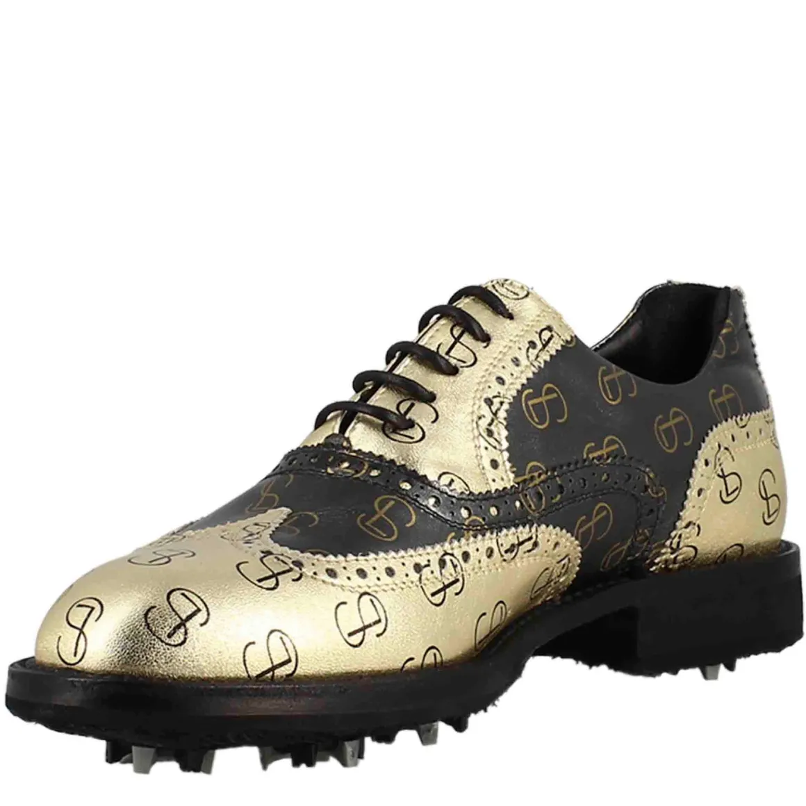 Scarpe Da Golf Da Donna Bicolore In Pelle Pieno Fiore Nero E Oro