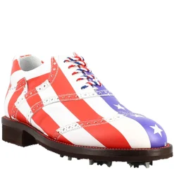 Scarpe Da Golf Da Donna Blu Rosso E Bianco Dettagli Brogue Artigianali In Pelle