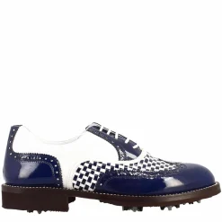 Scarpe Da Golf Da Donna Colore Blu E Bianco Dettagli Brogue Artigianali In Pelle