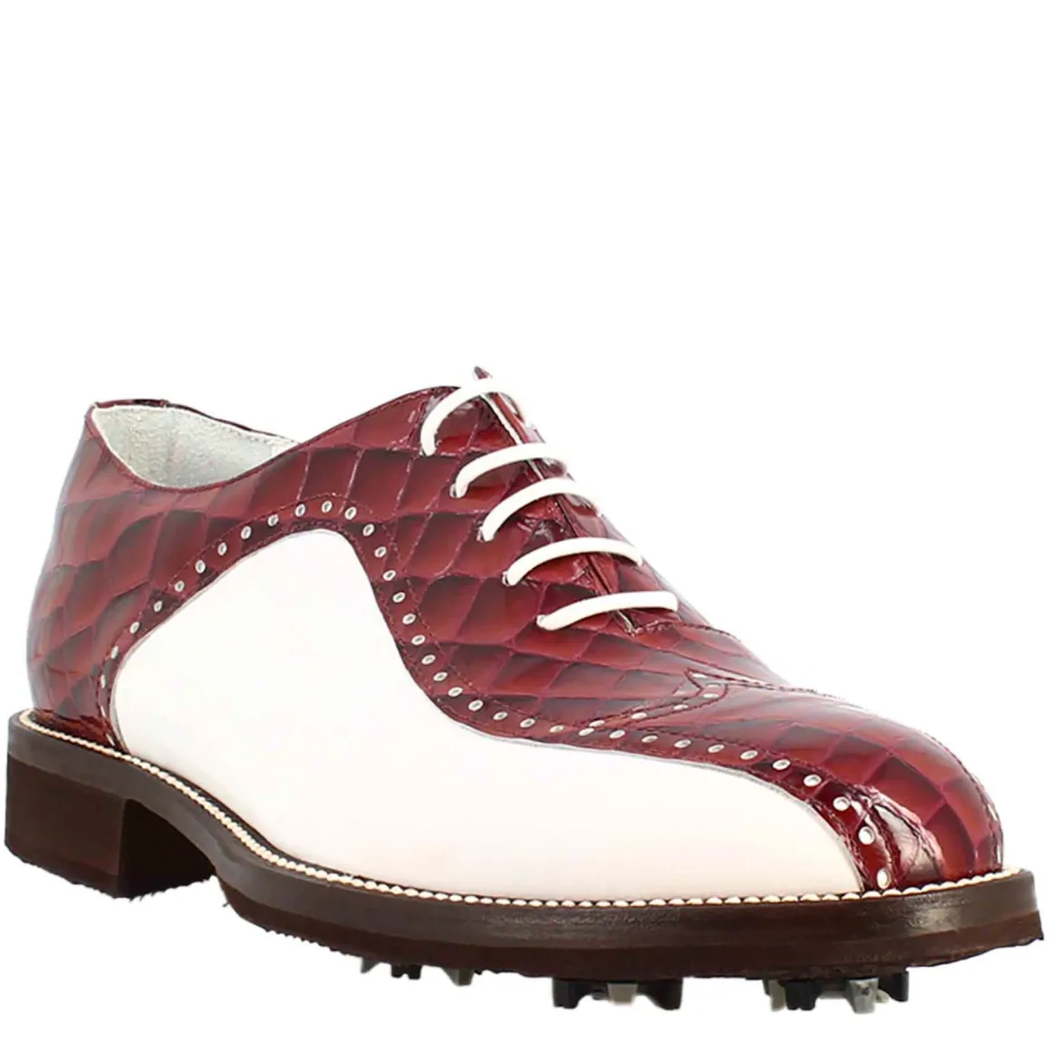 Scarpe Da Golf Da Donna Colore Bianco E Bordeaux Cocco Artigianali In Pelle