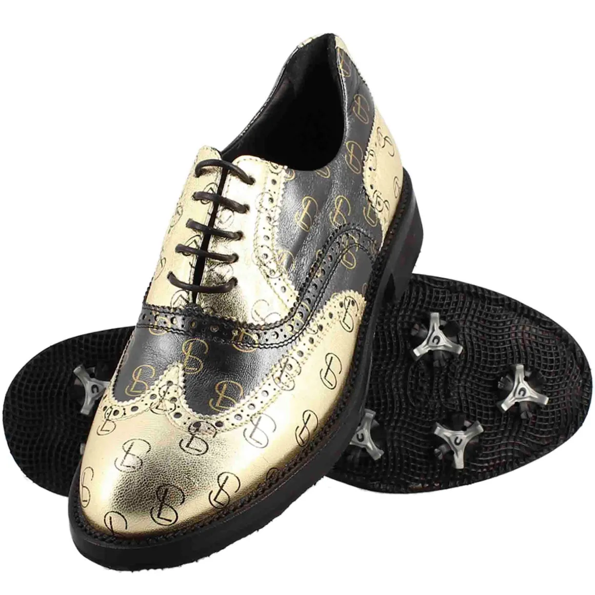 Scarpe Da Golf Da Uomo Bicolore In Pelle Pieno Fiore Nero E Oro