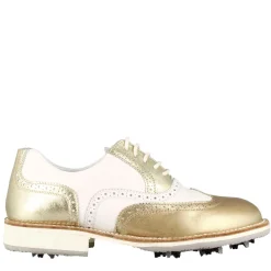 Scarpe Da Golf Donna Artigianali In Pelle Bianca Con Dettagli Colore Oro