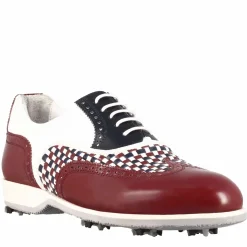 Scarpe Da Golf Donna Artigianali In Pelle Bianca Con Dettagli Colore Blu E Bordeaux