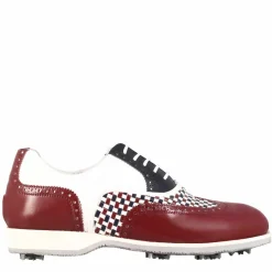 Scarpe Da Golf Donna Artigianali In Pelle Bianca Con Dettagli Colore Blu E Bordeaux