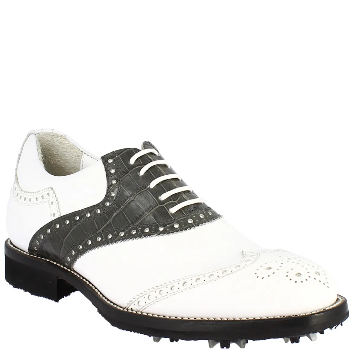 Scarpe Da Golf Donna Classiche Artigianali In Pelle Bianca Grigia