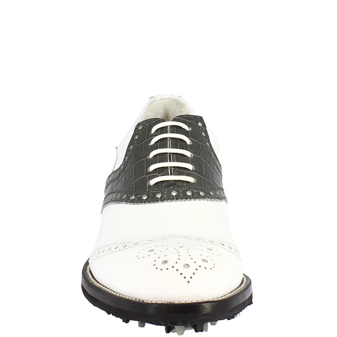 Scarpe Da Golf Donna Classiche Artigianali In Pelle Bianca Grigia