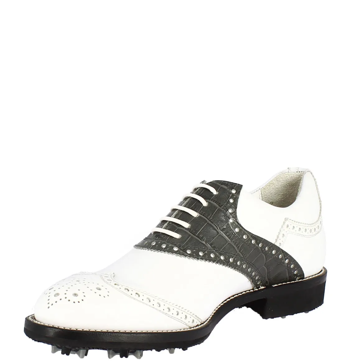 Scarpe Da Golf Donna Classiche Artigianali In Pelle Bianca Grigia
