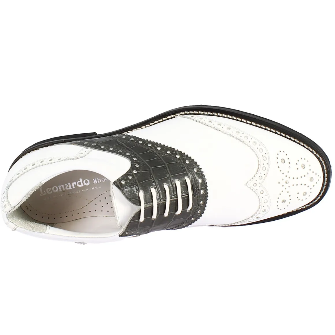 Scarpe Da Golf Donna Classiche Artigianali In Pelle Bianca Grigia