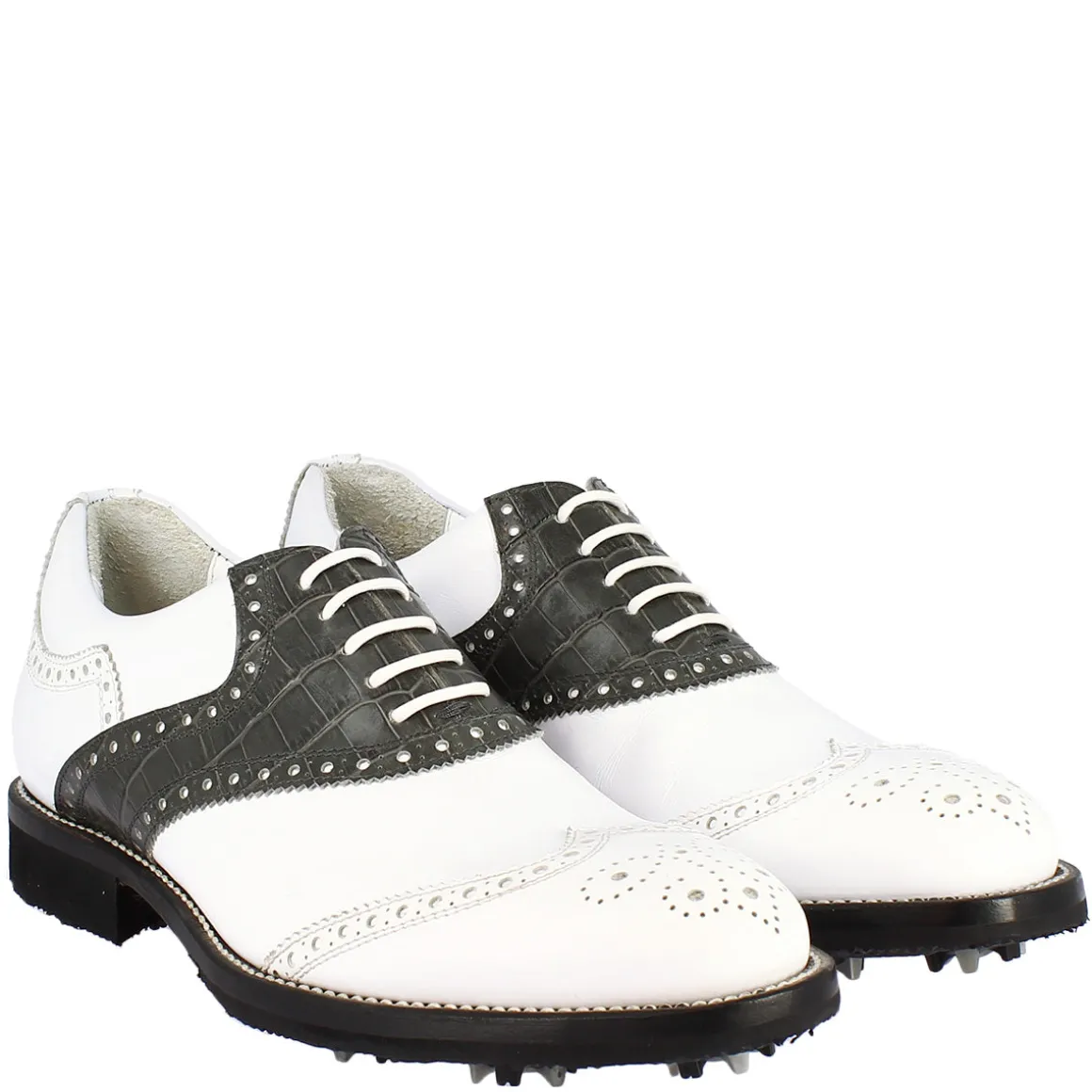 Scarpe Da Golf Donna Classiche Artigianali In Pelle Bianca Grigia
